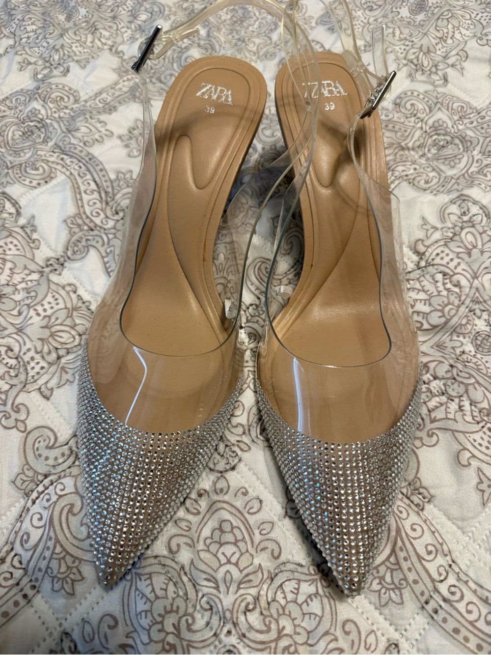 ZARA Nude Clear Slingback Pumps with Silver Crystal Toe